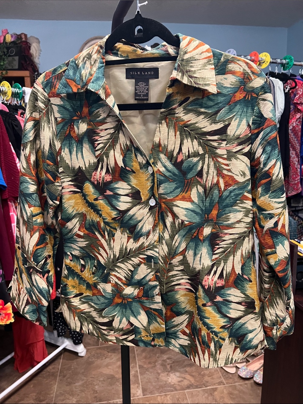 SilkLand Women's Tropical Button-Down 100% Silk Top in Teal, Olive & Rust